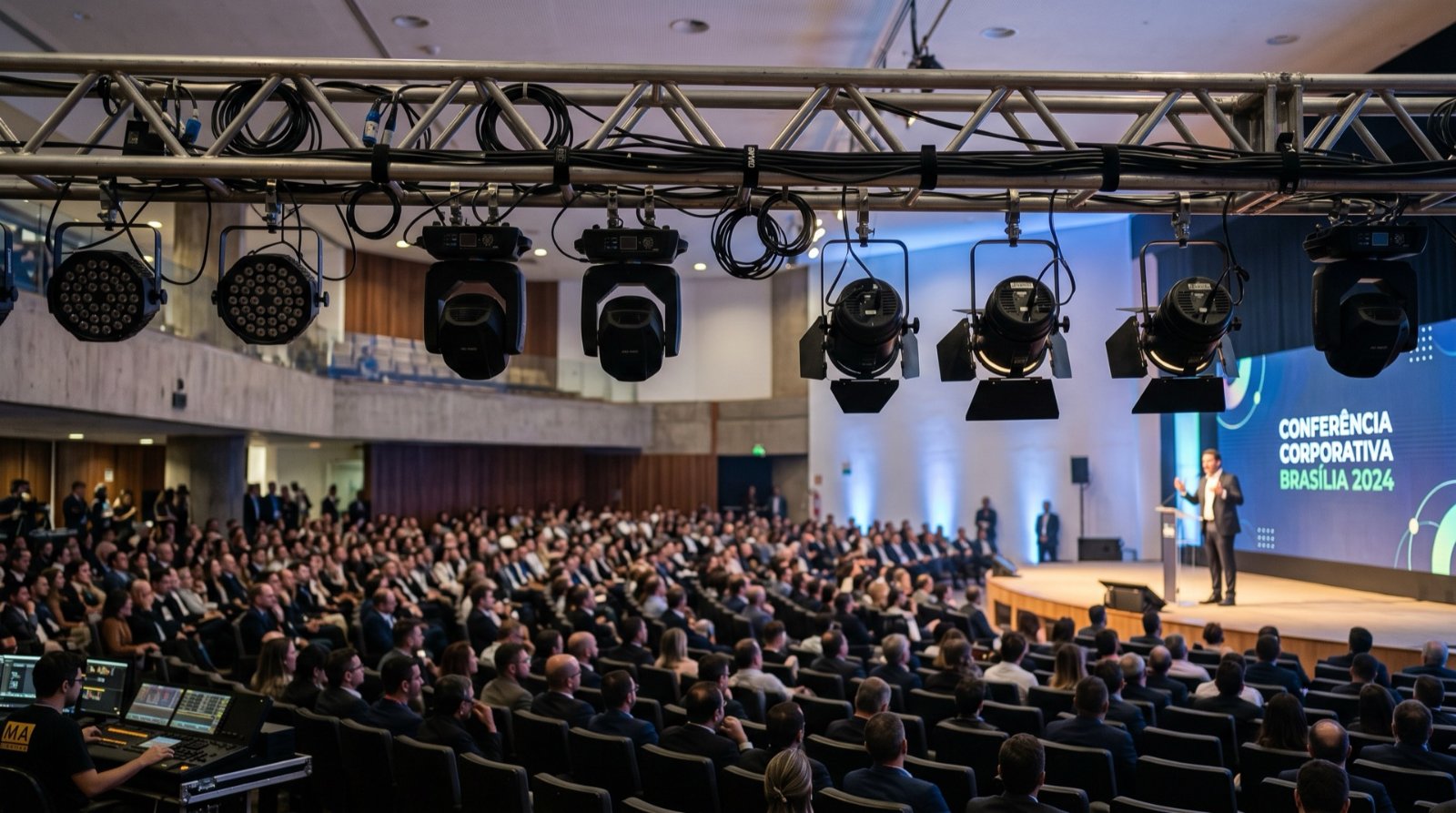 Palestrante no palco de uma conferência corporativa em Brasília com iluminação cênica e plateia cheia